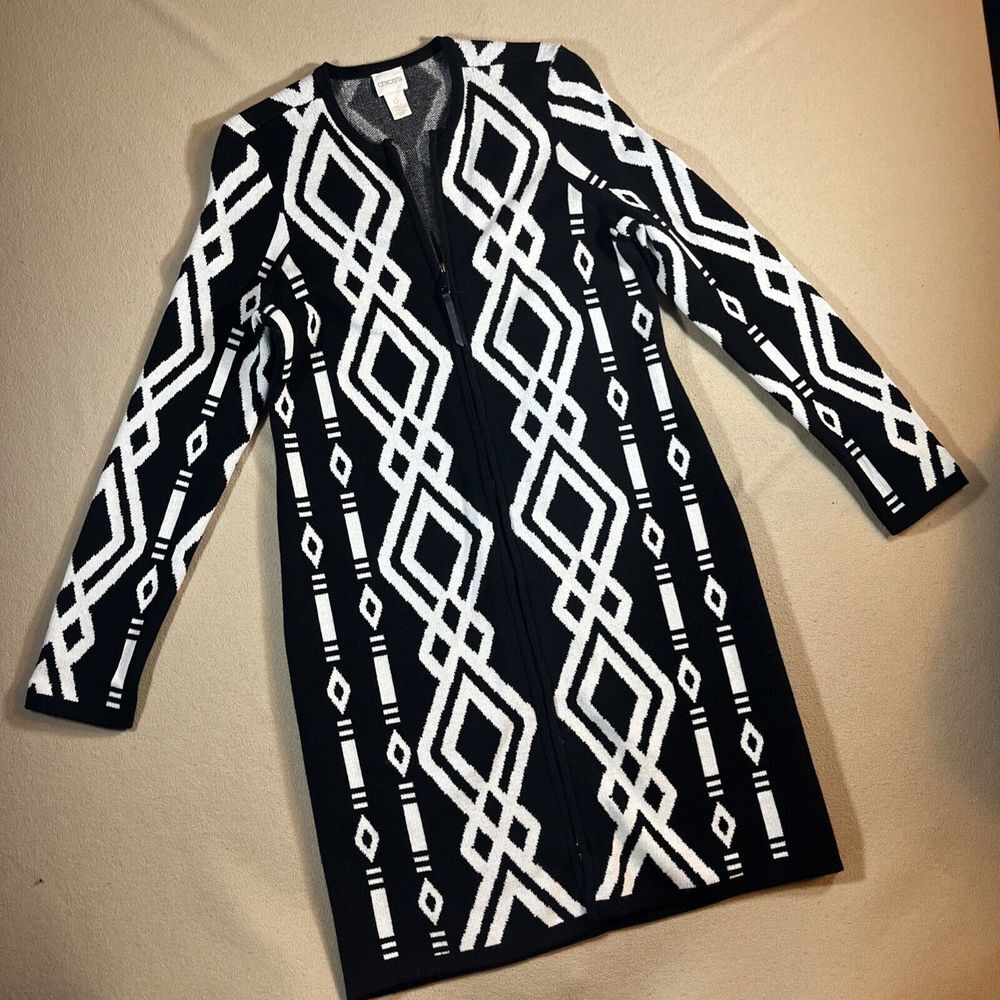 Chicos Cardigan Sweater Long Full Zip Black White‎ Knot Pattern 0 (US 4)